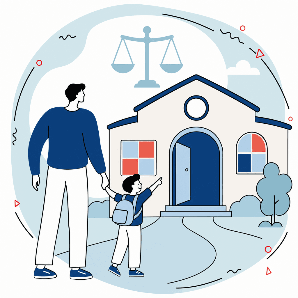 Elternteil und Kleinkind stehen Hand in Hand vor einem freundlichen Kita-Gebäude mit offener Tür.